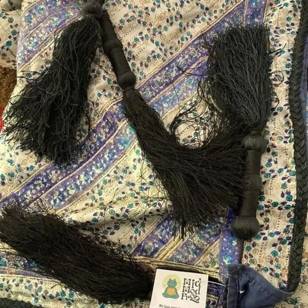 Vintage 1970’s Silk Coverlet Tassles Blanket Blue Purple Black Size 104 X 84 152